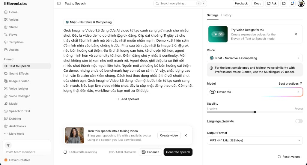 ElevenLabs Text to Speech interface