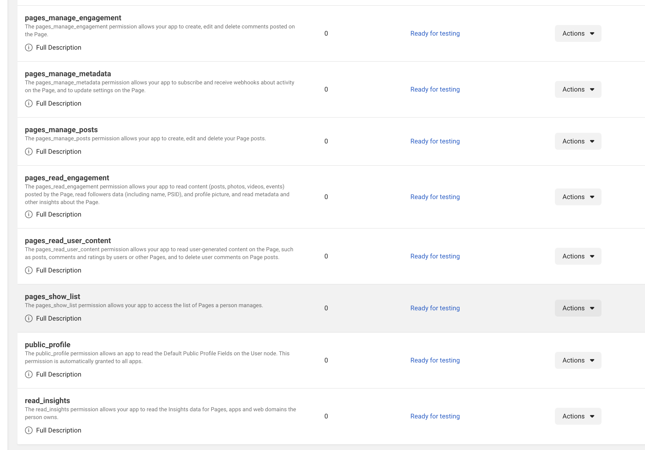 Page permissions list in Meta App Review