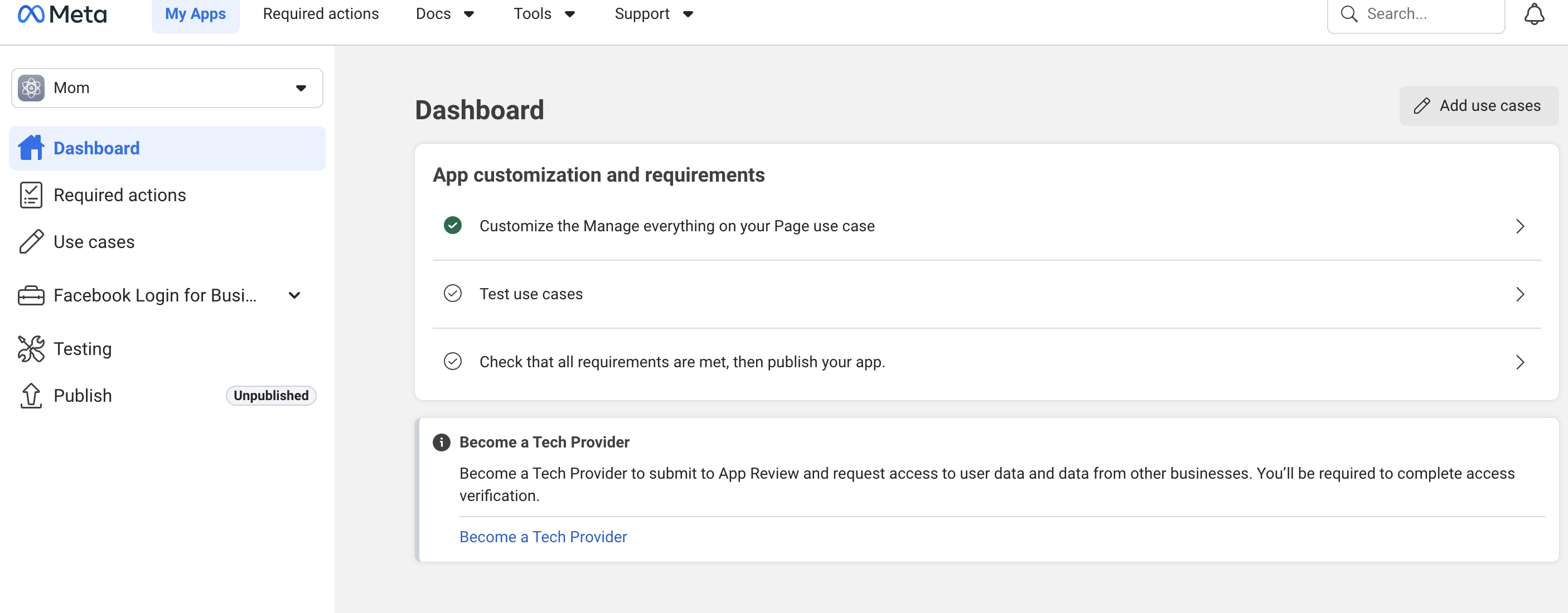 New Meta app dashboard, open Customize